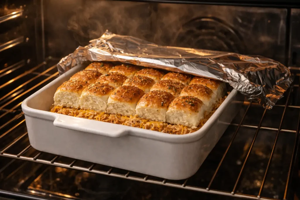 Golden brown buffalo chicken sliders