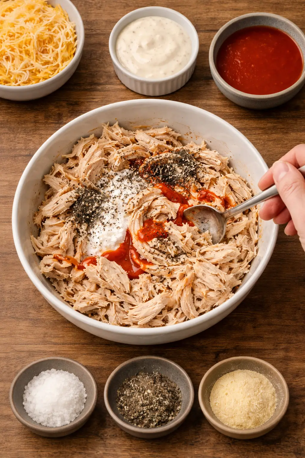 Mixing shredded chicken with ranch and hot sauce
