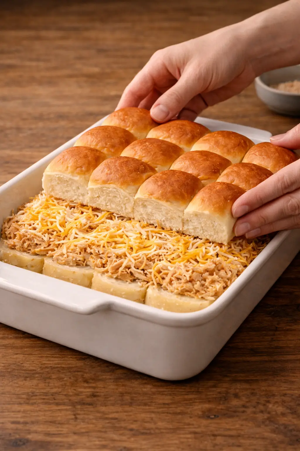 Placing rolls on buffalo chicken sliders