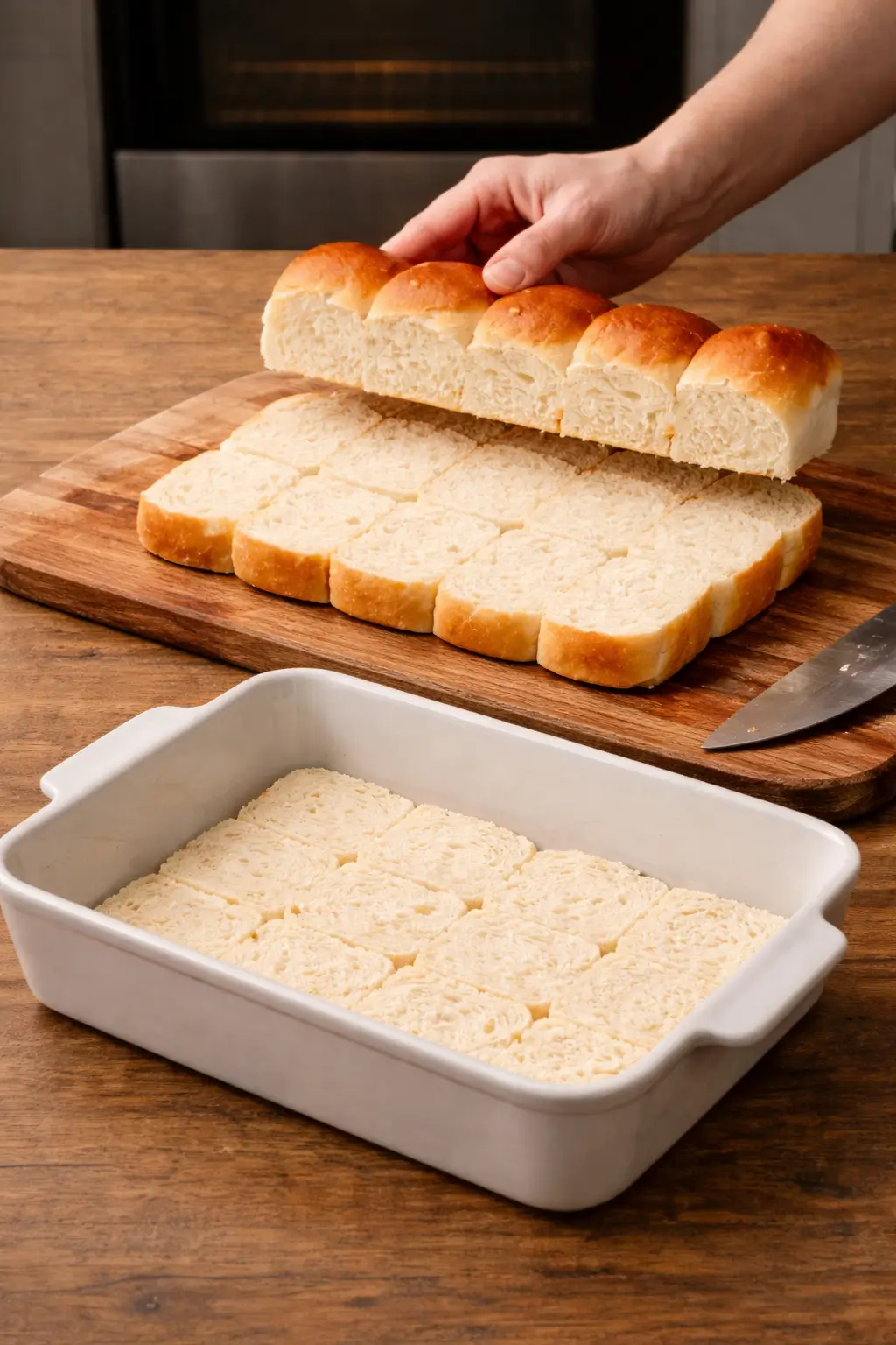 Sliced Hawaiian rolls on wooden board