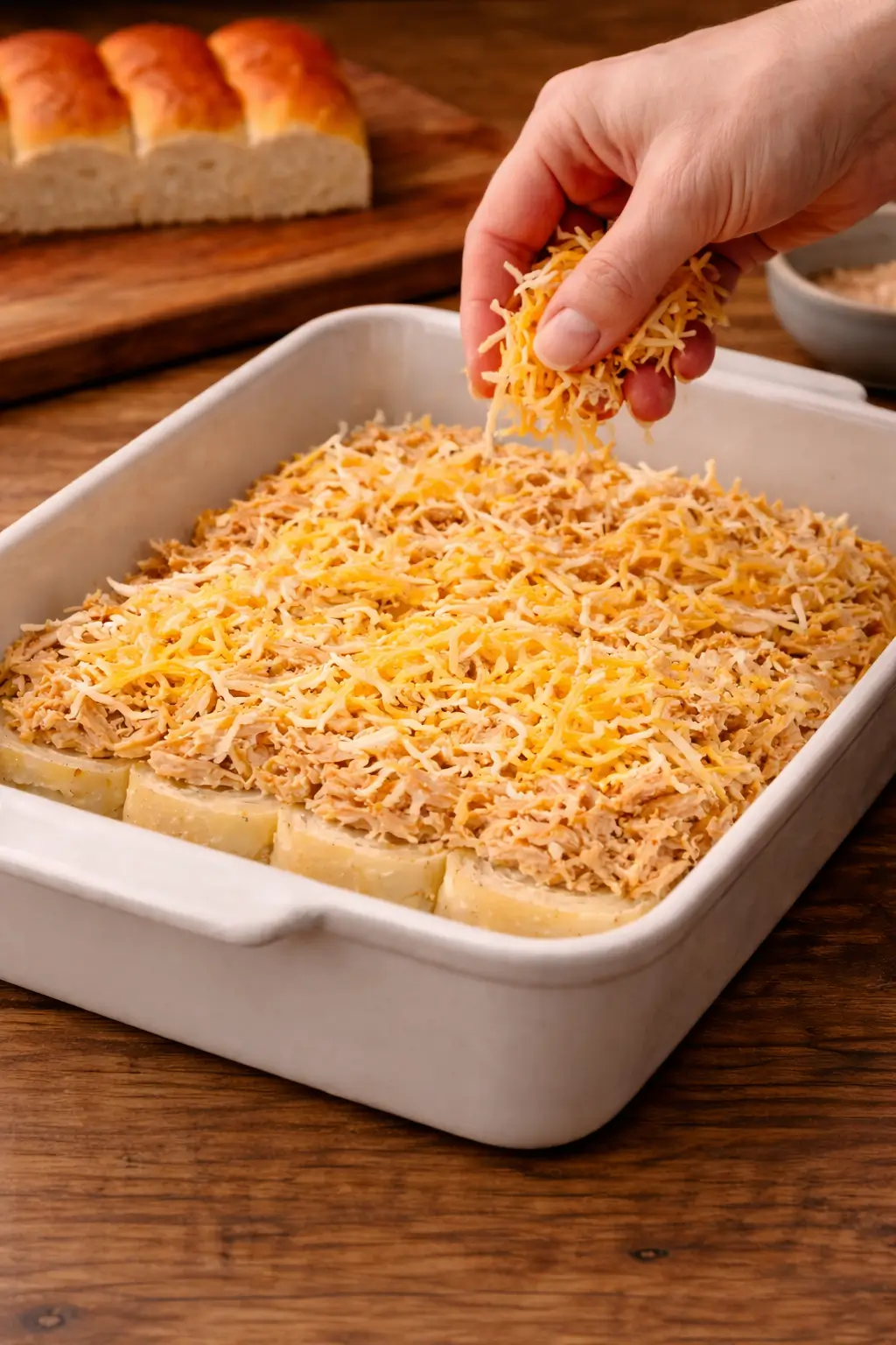 Sprinkling cheese over buffalo chicken sliders