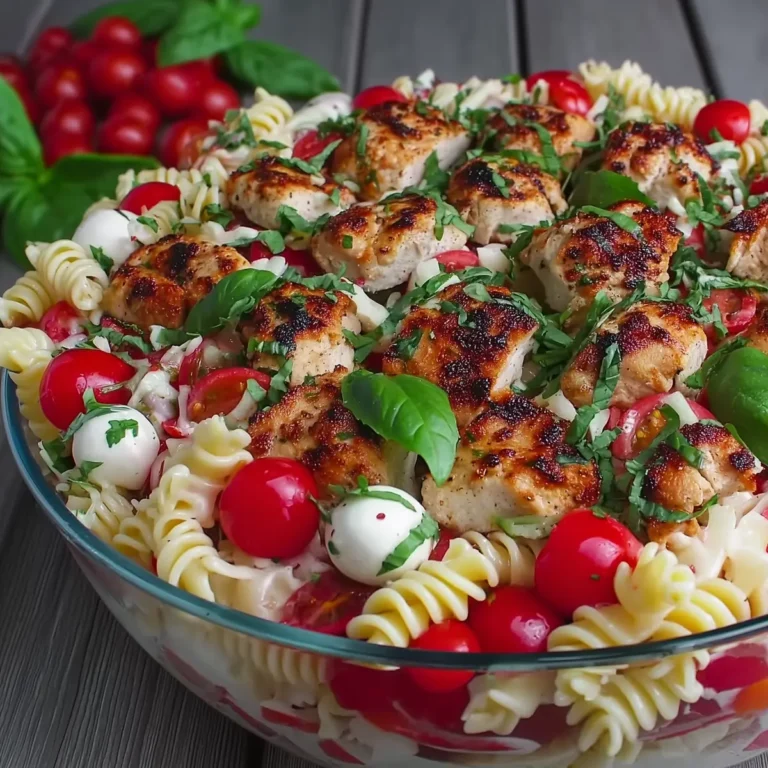 Layered Grilled Chicken Caprese Pasta Salad