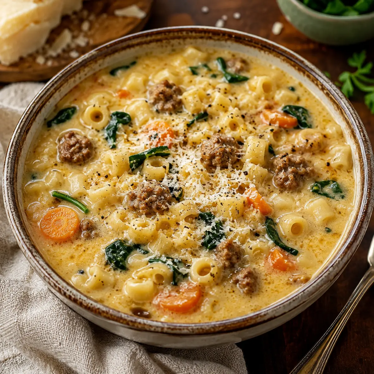 Creamy Parmesan Italian Sausage Ditalini Soup